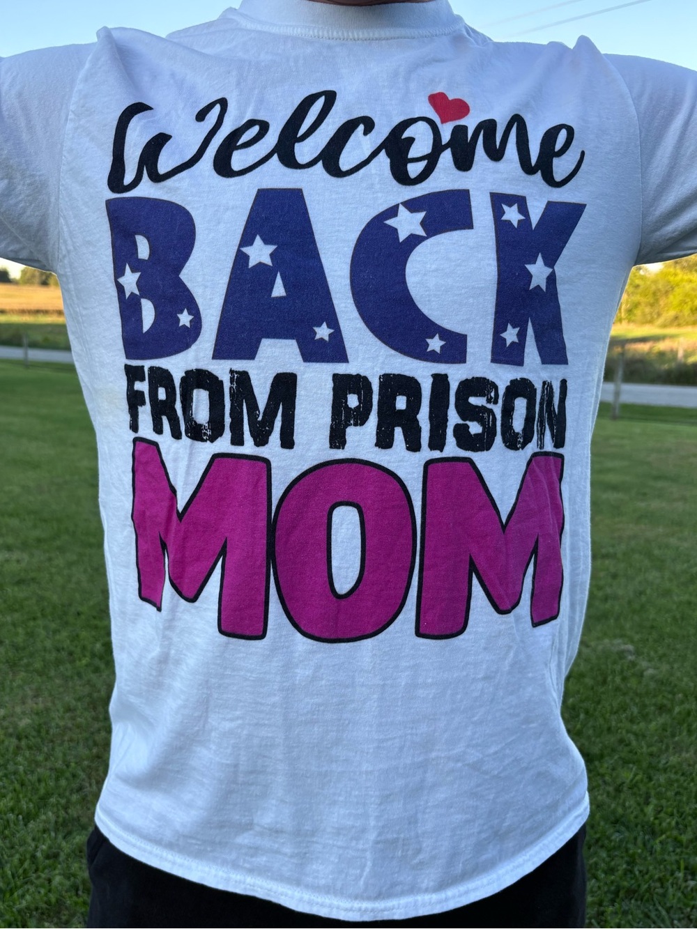 Funny White Tee with Blue, Pink & Black Graphic
